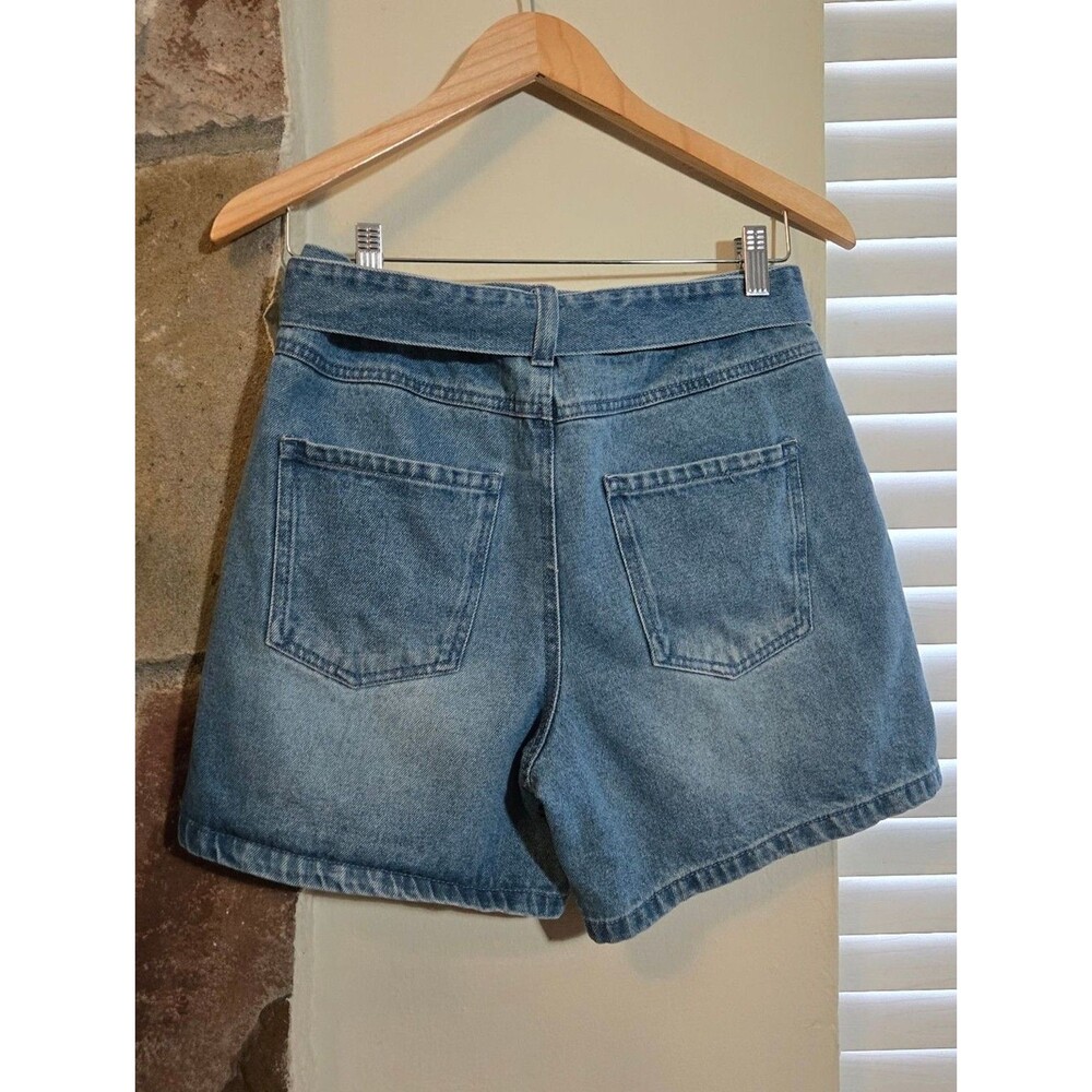 A.M. London Twee Denim Shorts with Tie Belt - High Waist 100% Cotton - Picture 2 of 5